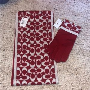 COACH Red & Silver Knit Muffler & Knit Gloves